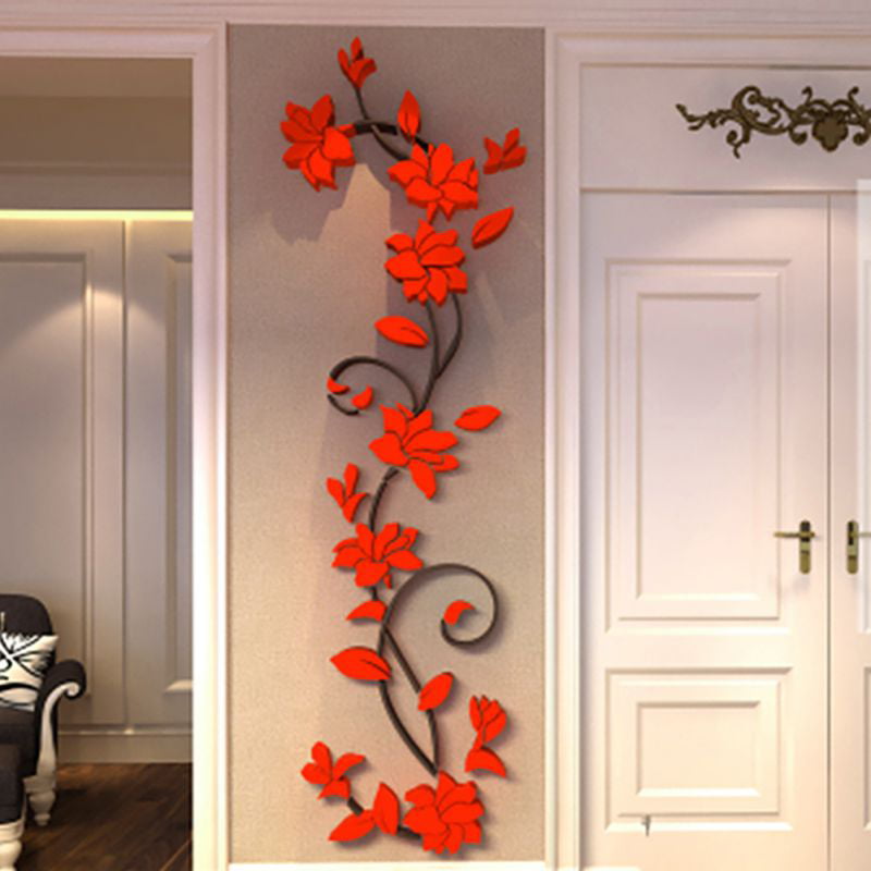 red Yusylvia 5PCS Flower Mirror Flower Pattern Wall Sticker 3D Home Decoration Wall Art DIY Wall Stickers
