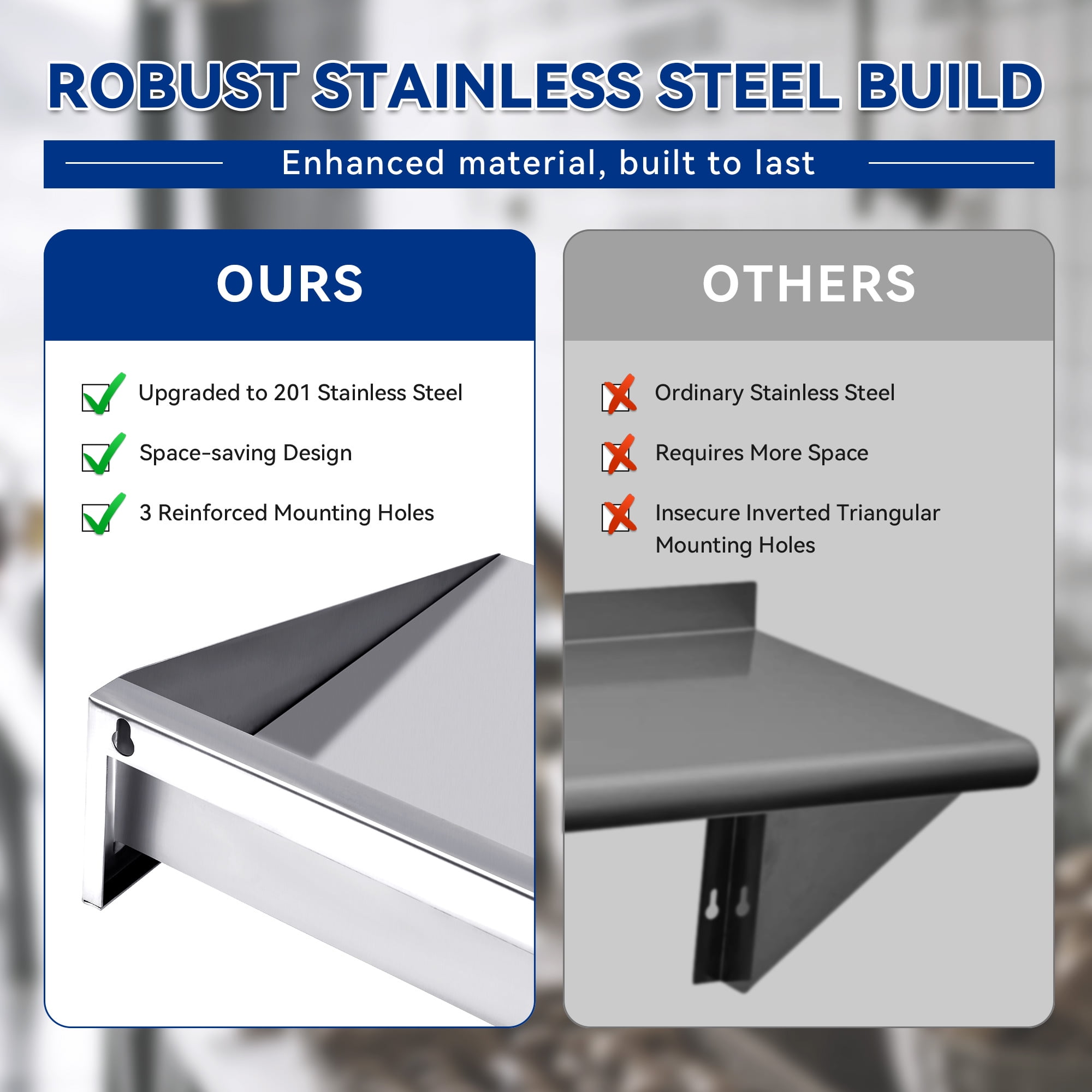 Dextrus 12" x 48" Stainless Steel Shelf, Wall Mount Shelving for Restaurant, Kitchen, Home and Hotel, 110 lbs