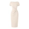 thumbnail image 7 of ClodeEU Women's Boat Neck Short Sleeve Side Ruched Waist Midi Bodycon Pencil Dress,Elegant Office Wedding Guest Sheath Dress Beige,Women's Plus L, 7 of 7
