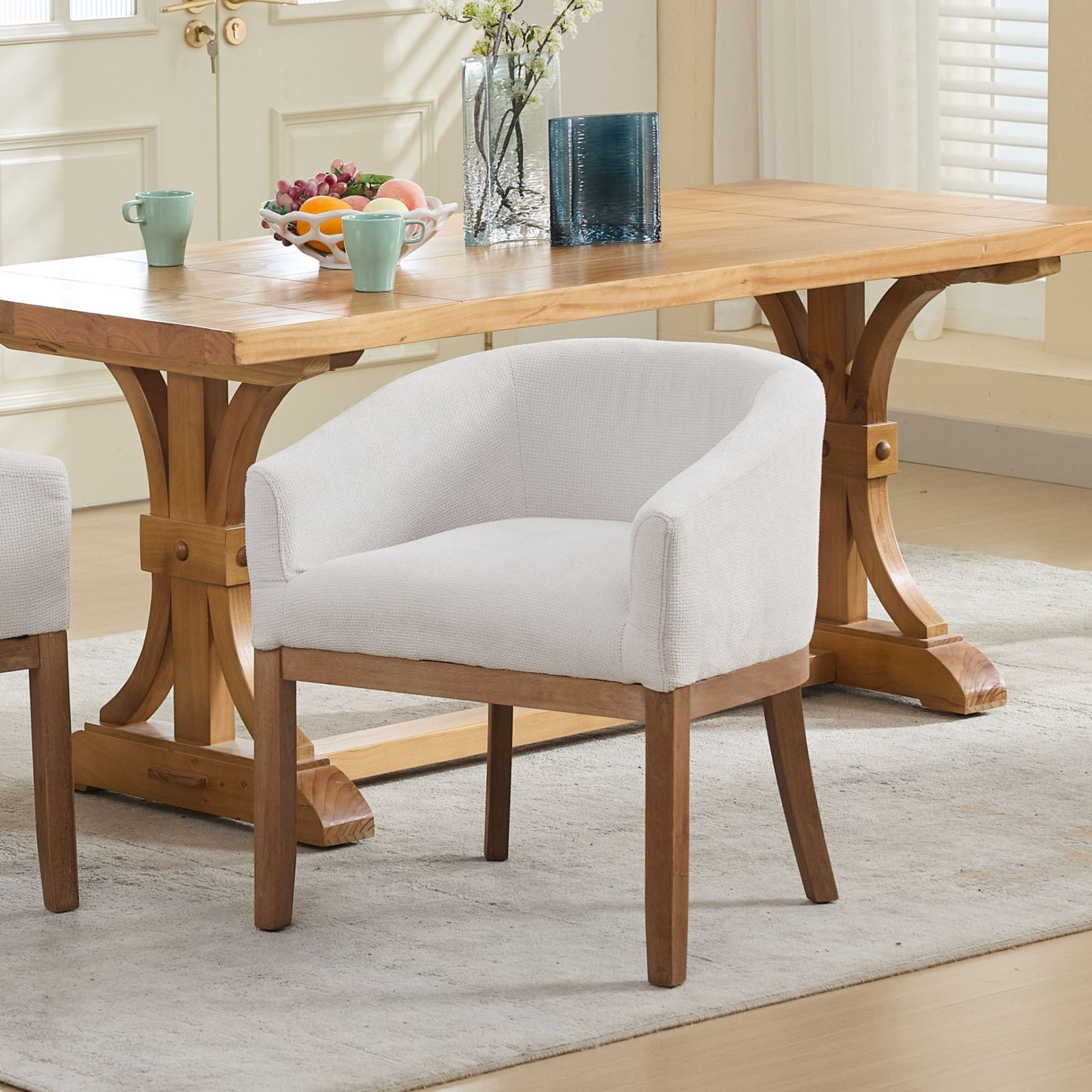 Noble House Barrel Dining Chair with Arms, Linen Upholstery, Rubberwood Frame, Beige