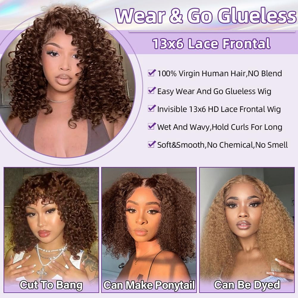 Curly Bob Wig Synthetic Wig Deep Wave 13x6 HD Lace Front Wigs For Black Women Hair Pre Plucked Wear And Go Glueless Short Wet And Wavy Chocolate Brown 12 Inch