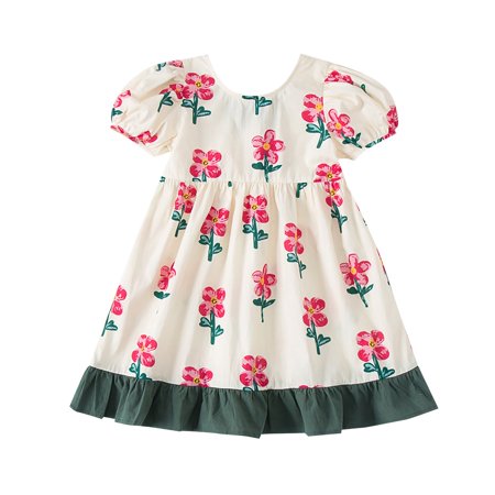 

ZRBYWB Girl s Clothes Flower Print Dress Summer Crew Neck Short Sleeve A Swing Loose Vintage Stitching For 1 To 7 Years Baby Clothing
