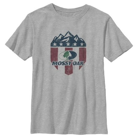 Boy s Mossy Oak American Flag Shield Logo Graphic Tee Athletic Heather Small