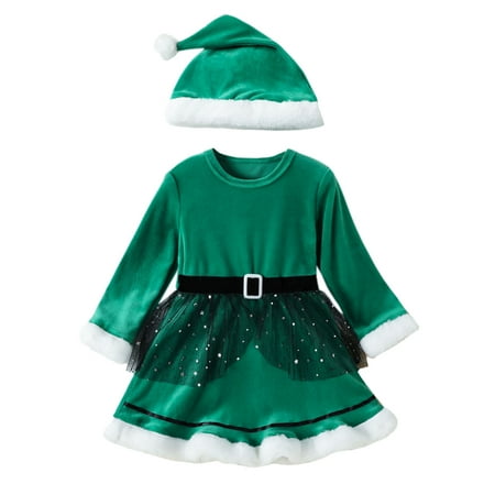 

Girls Fashion Dresses Toddler Girls Long Sleeve Christmas Fleece Tulle Princess Dress Hat Set