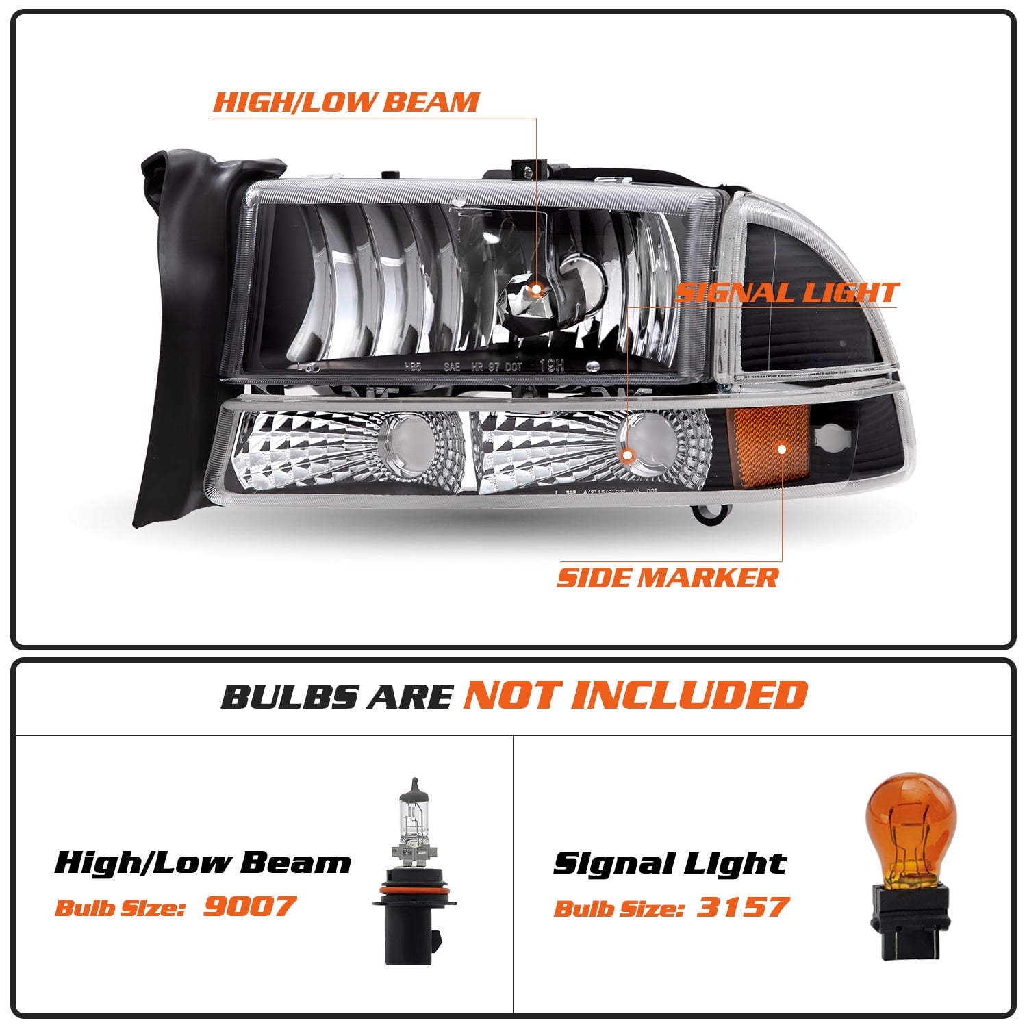 For 97-04 Dodge Dakota 98-03 Dodge Durango Black Amber Headlights Assembly LH+RH