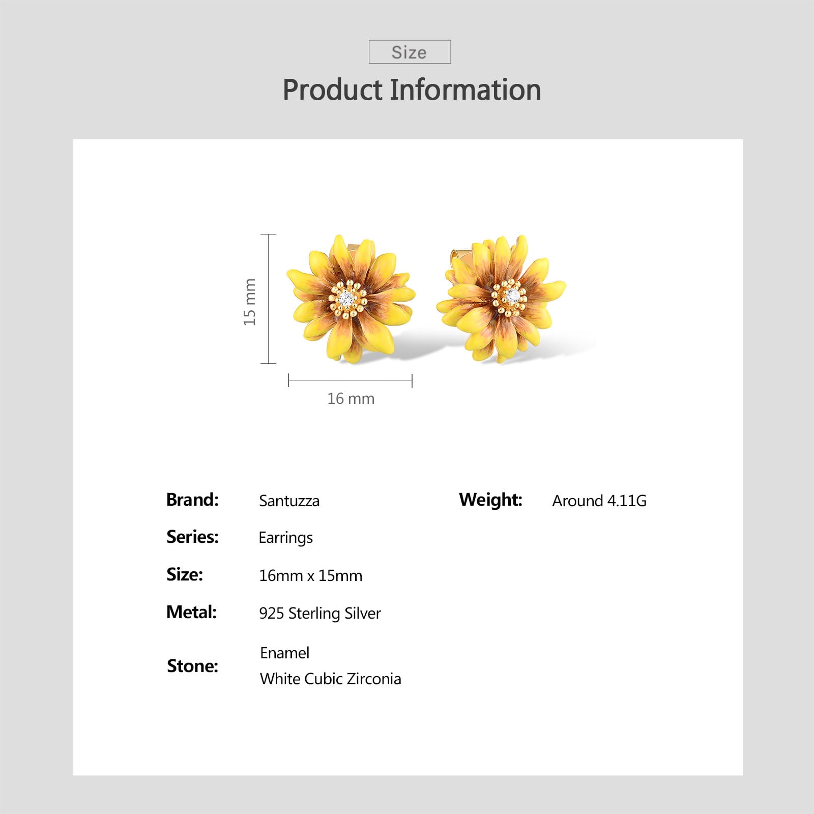 Santuzza Daisy Earrings 925 Sterling Silver White Cubic Zirconia Enamel Yellow Flower Stud Earrings for Women