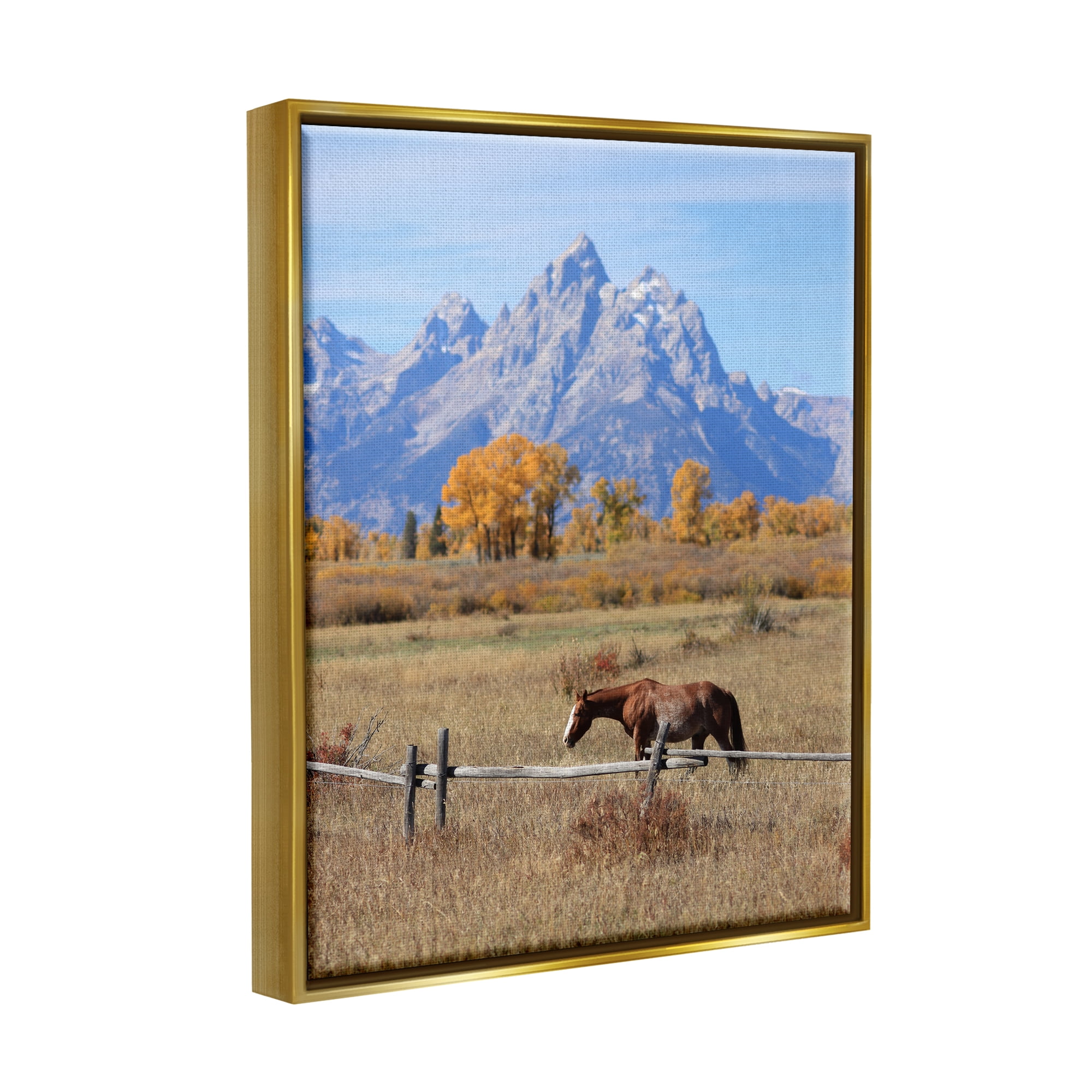 Stupell Industries Mountain Nature Horse Landscape Photography Gold Floater Framed Canvas Art Print Wall Art, 25 x 31