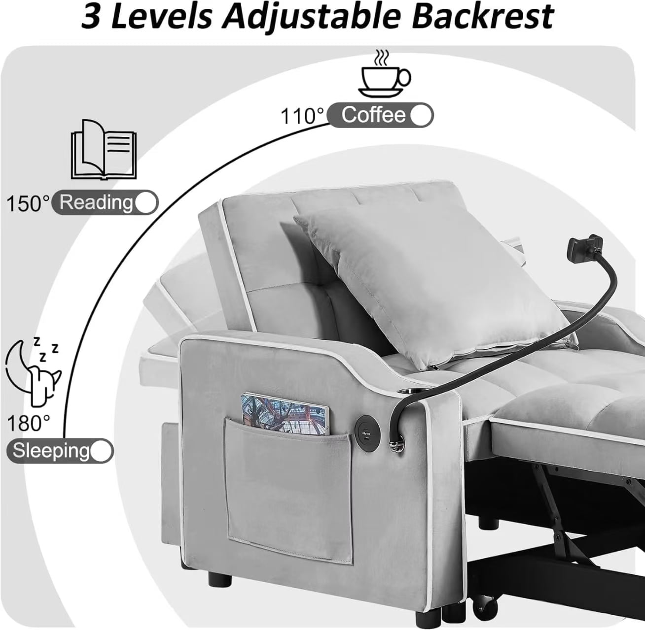 avobird 3 in 1 Convertible Chair Bed Sleeper, Pull Out Sofa Bed With adjustable back/USB port/ashtray/swivel phone stand, Gray