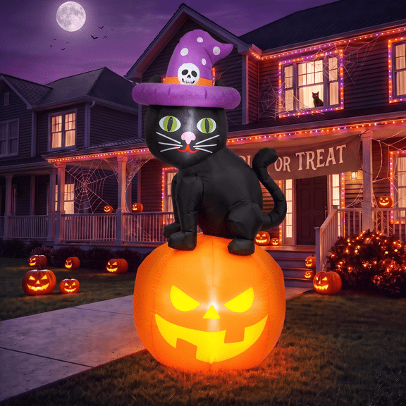 Glazina 6FT Halloween Inflatable Black Cat on Pumpkin with Witch Hat, Built-In LED Lights, Outdoor Halloween Blow Up Yard Decoration