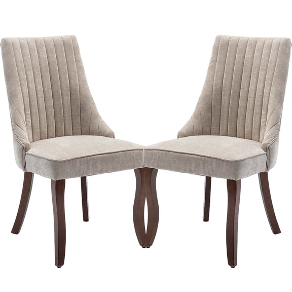 Beige Velvet Upholstered Dining Chair Set of 2 with Curved Solid Wood Legs