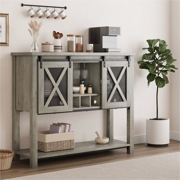 GAOMON Wine Bar Cabinet with Sliding Barn Door, Coffee Cabinet with Wine Rack and Glass Holder, Kitchen Buffet Sideboard with Storage, Liquor Bar for Living Room, Dining Room, Grey