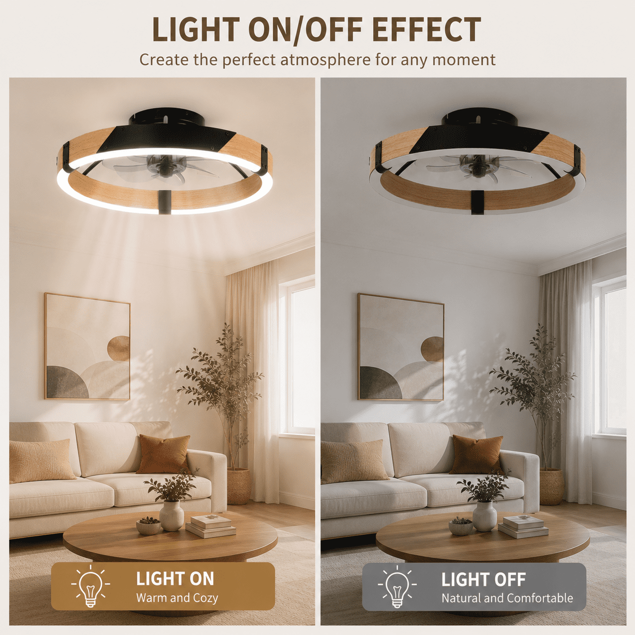Garwarm 20" Modern Ceiling Fan with Lights and Remote, Dimmable LED Flush Mount Fandelier, Low Profile Ceiling Fan, 6-Speed Reversible Black Wood Fan for Bedroom, Living Room