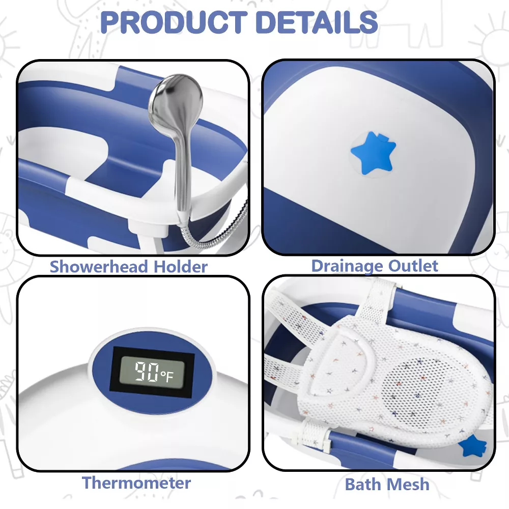 Tumajup Foldable Baby ‎Bathtub PP+TPE with Soft Bath Net&Thermometer for 0-36 Months Toddler Blue