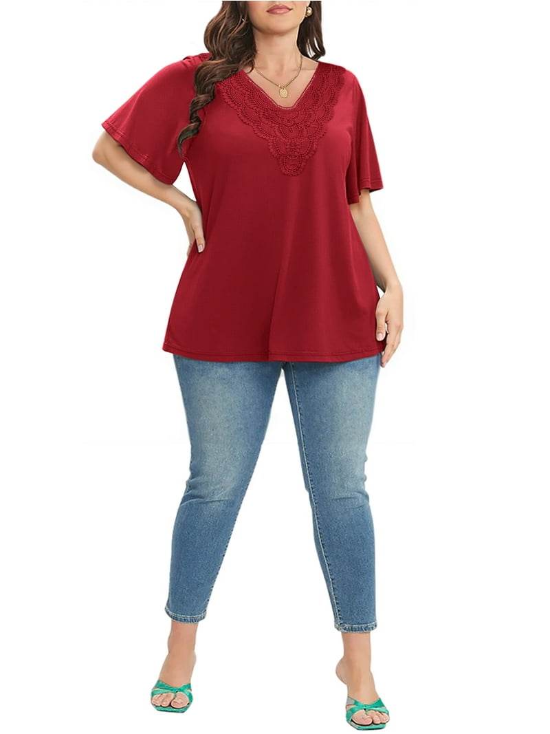WellSize Women Plus Size Tops Dressy Lace V Neck Shirts Casaul