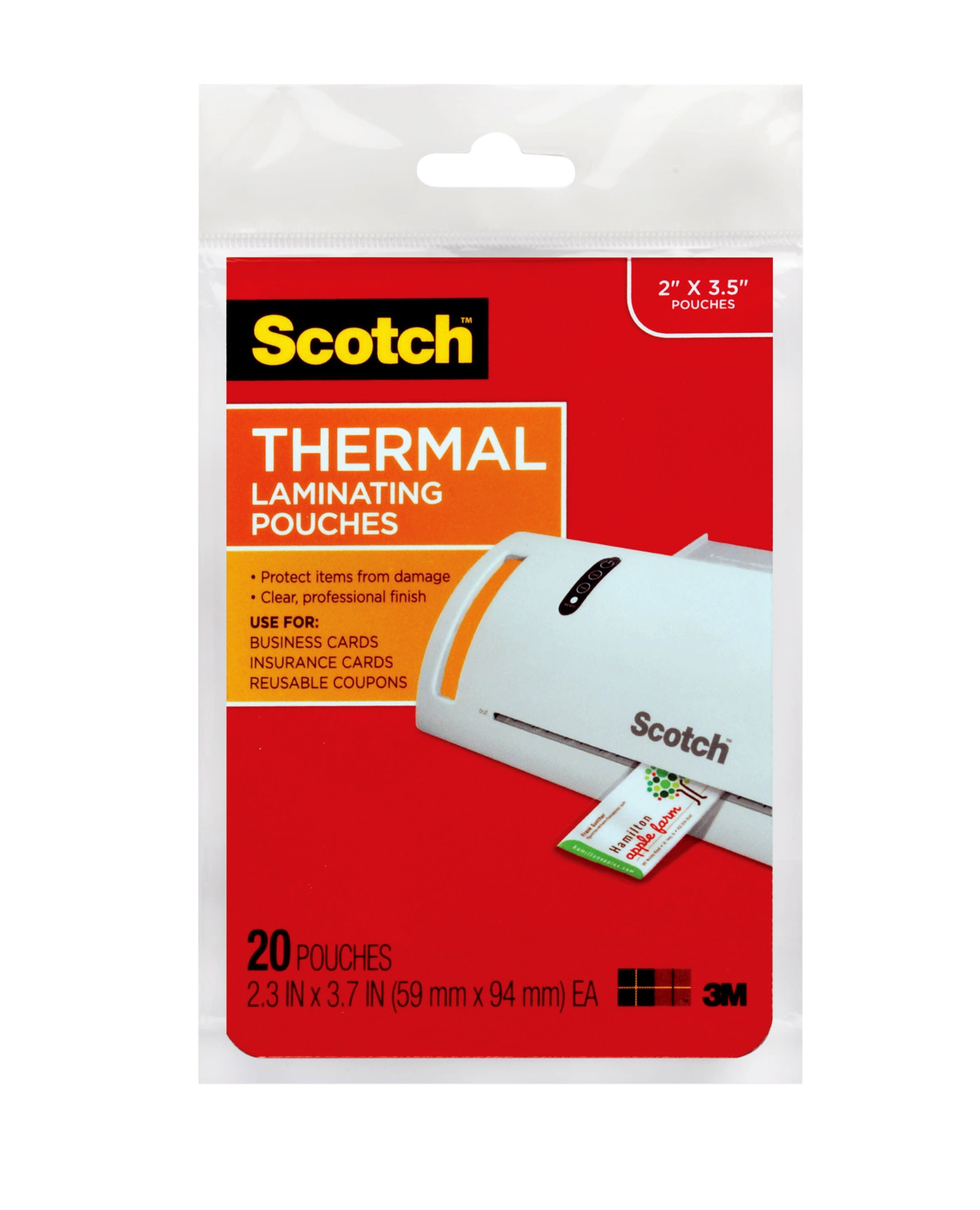 Scotch Thermal Laminating Pouches, 2.3' x 3.7', Clear, 20 Pouches