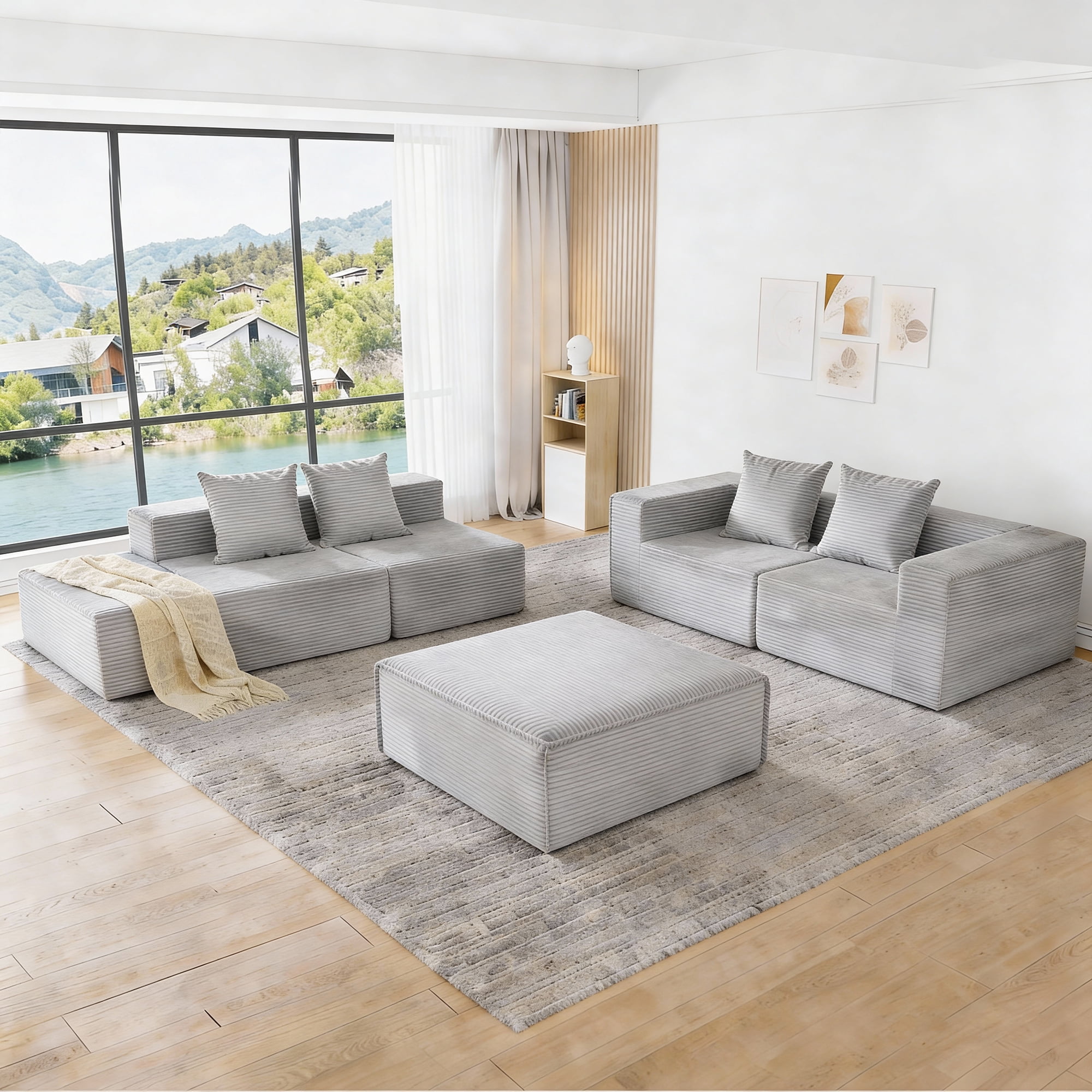 MOONMISS 4-Seat Modular Sofa Sectional with Oversized Chaise & Ottomans - Cloud Couch in Soft Corduroy Fabric for Small Spaces, Living Room, Apartment (Gray)