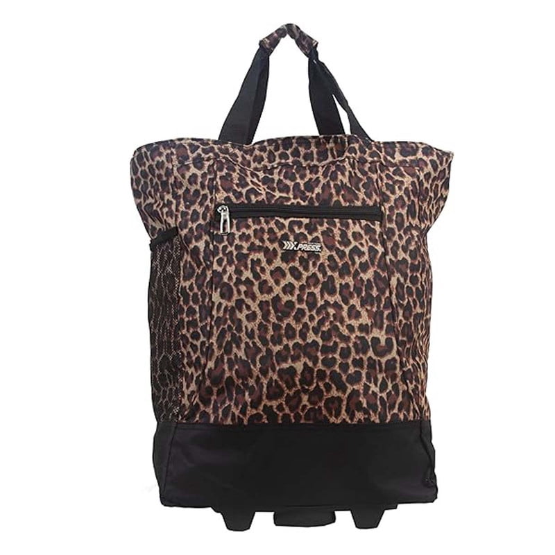 20" Carry-on Rolling Luggage Bag,Print Shopping Bag Tote with Wheels,Portable Grocery Trolley Bag for Short Trips,Beach & Daily Use,Leopard - TF023