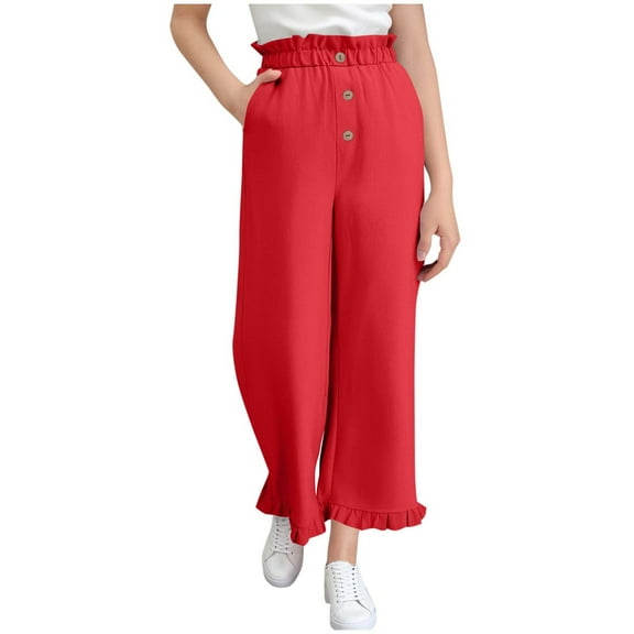 Lenpel Girls' Pants Ruffle Elastic High Waisted Button Front Pull on Wide Leg Pants Loose Casual Trousers with Pockets
