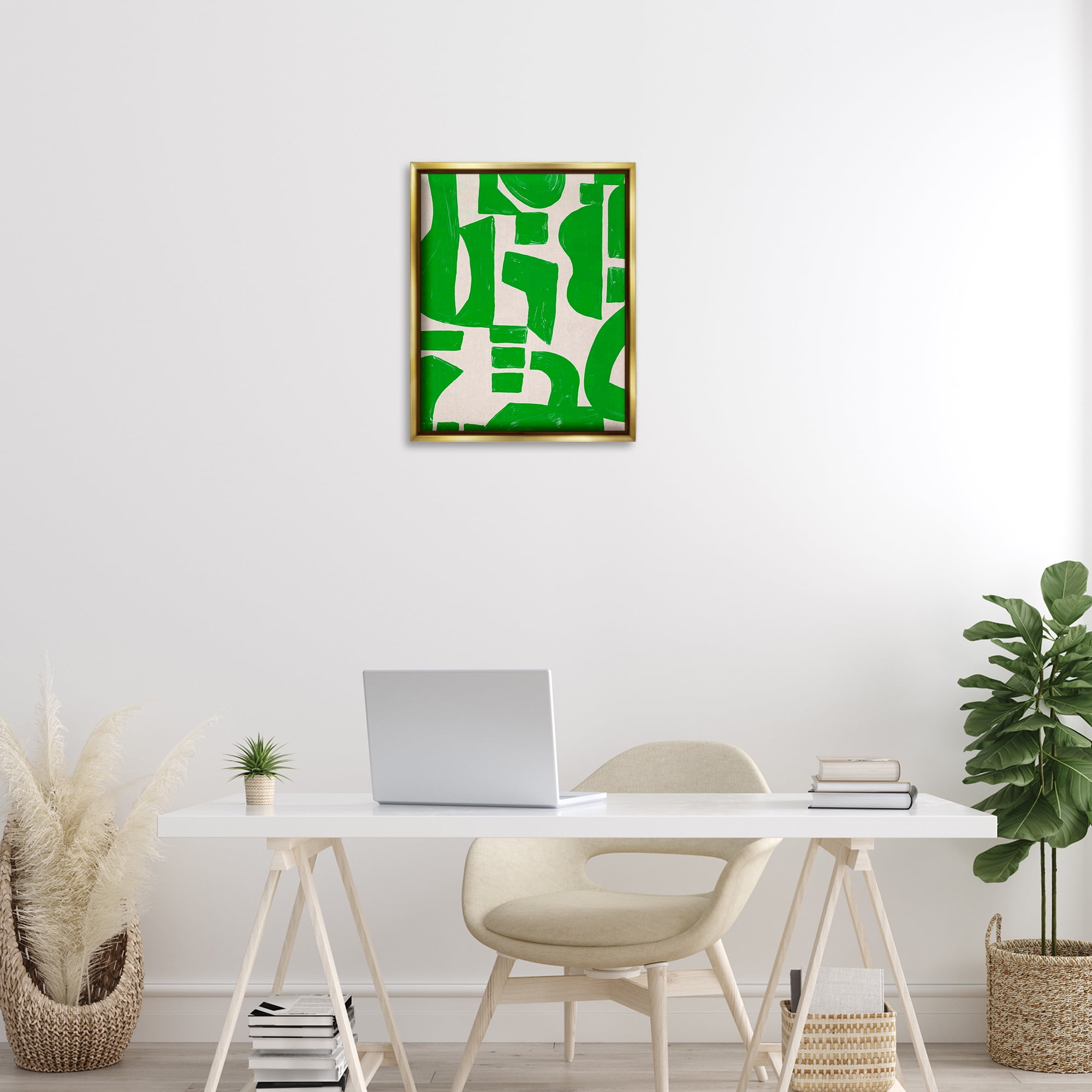Stupell Industries Green Asymmetrical Shapes Abstract Painting Gold Floater Framed Canvas Art Print Wall Art, 17 x 21