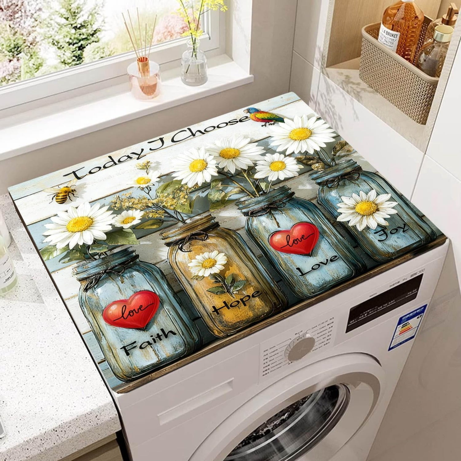 Flowers Washer Dryer Top Cover Mat Dust Cover Pad for Washer Dryer,Creative Anti-slip Washing Machine Top Protector Mat for Laundry Room (Laser Gilding, 23.6" x 19.7")