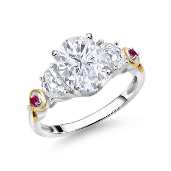 Gem Stone King 925 Silver and 10K Yellow Gold 3-Stone Ring Set with Moissanite (2.60 Cttw) (Size 6)