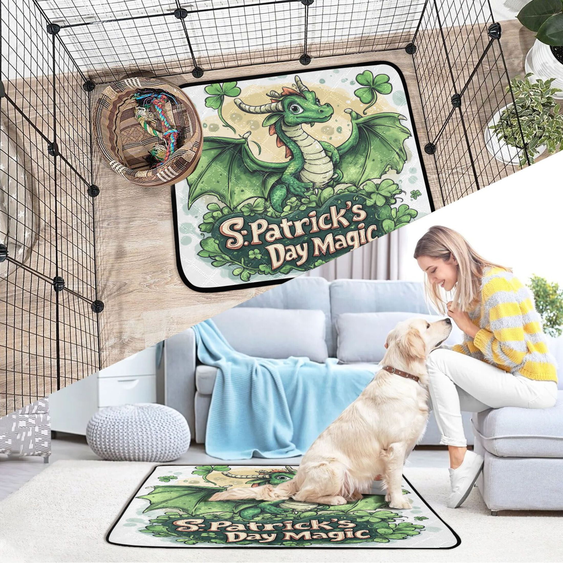 Qxltty Stpatricks Day Green Ceratopsian Cat litter Pads Pet Set of 2 Diaper Mats Center Anti-leakage Layer Absorbent Soft and Comfortable