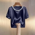 thumbnail image 5 of Endives Women's Short Sleeve T Shirt Beaded Round Neck Solid Color Fashion Elegant Satin T-shirt Summer Tops Dark Blue, 5 of 6