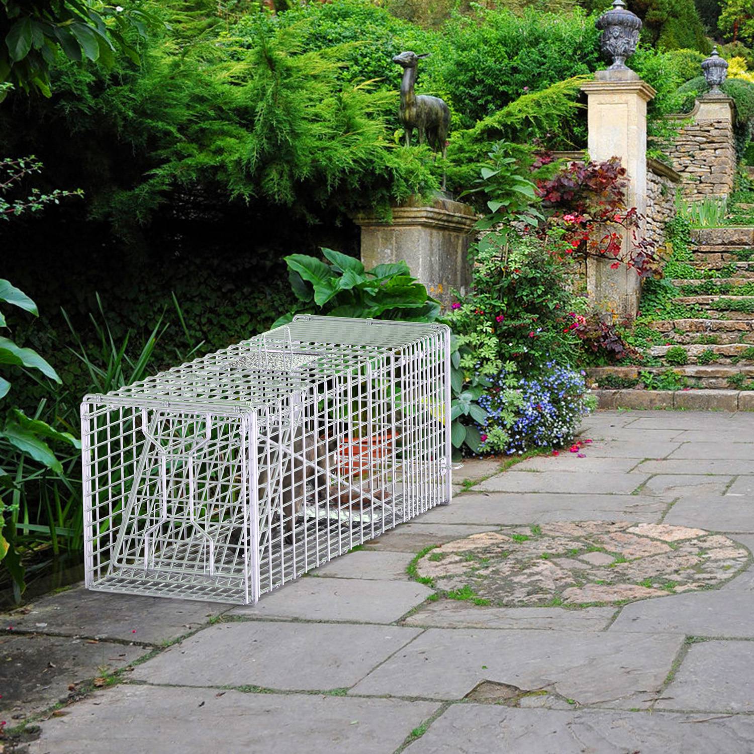 Heavy-Duty Live Animal Trap, 37x14x15 Inch Galvanized Mesh, Sensitive Pedal Trigger & Rear Release Door, Guarded Handle, Foldable Design for Raccoons, Armadillos, Small Dogs Under 55 lbs