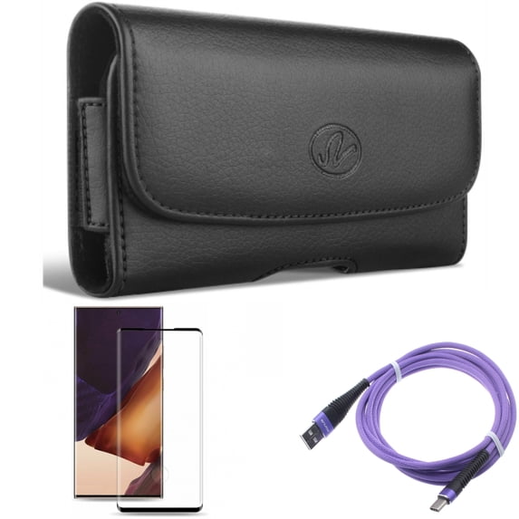 10ft USB Cable & Screen Protector & Case Belt Clip for Samsung Galaxy Note 20 Ultra (6.9") - Combo with Purple Type-C & Tempered Glass (Fingerprint Unlock) & Leather Swivel