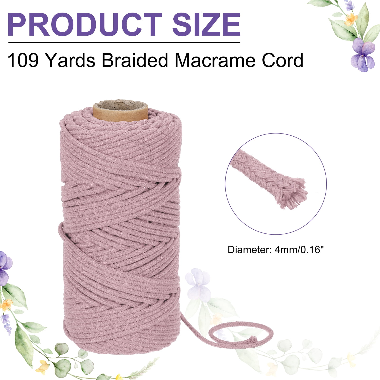 Braided Macrame Cord, 4mm x 109 Yards Natural Cotton Rope Macrame Yarn Bohemia Craft String with Scissors(Light Pink)
