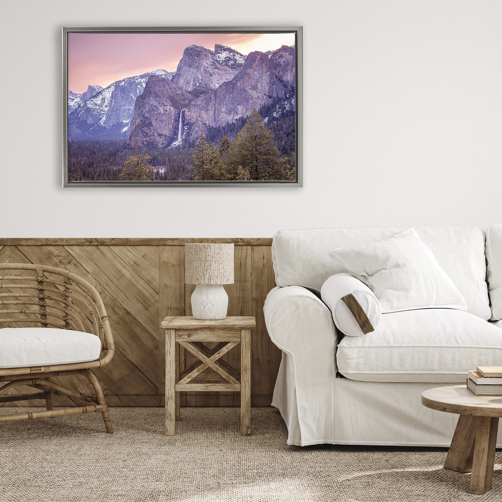 Stupell Industries Majestic Mountain Waterfall Sunset Gray Framed Floater Canvas Wall Art, design by Shelley Carlisle