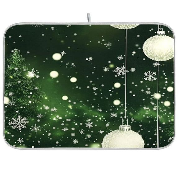 Dish Drying Mat Microfiber Kitchen Pad Large Counter Absorbent Dish Mats Drainer Rack 16"x18" Christmas Elements Green Background