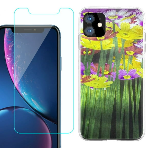 For Apple iPhone 11 Case , Slim-Fit TPU Protective Phone Case with Tempered Glass Screen Protector, by OneToughShield ® - Dream Flower