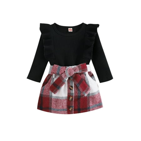 

Toddler Baby Girls Fall Winter Outfits Long Sleeve Knitted Ruffle Pullover Tops Belted Plaid Corduroy Skirt 2Pcs Set