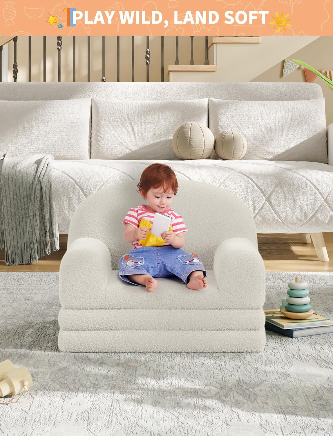 Kids Couch, 2-in-1 Convertible Teddy Fleece Fabric Toddler Sofa Chair, Soft Fold Out Couch Lounger for Kids, Comfy Children's Sofa Bed for Playroom, Nursery, Birthday Gift (White Moon)