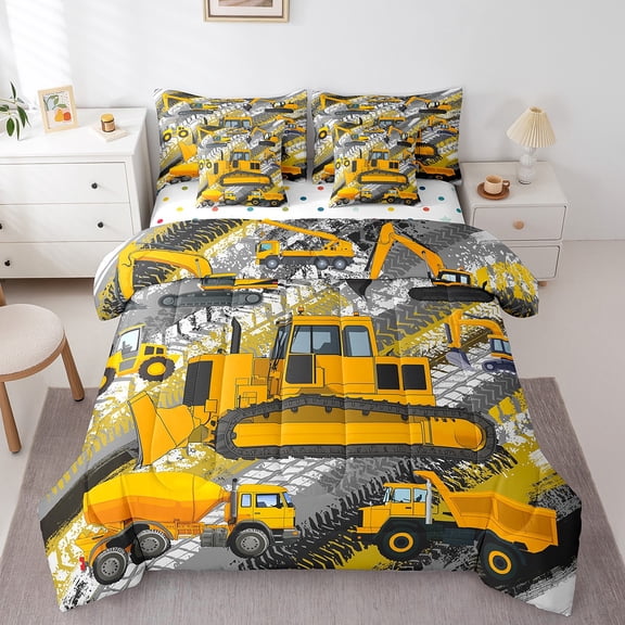 Erosebridal Cartoon Truck Bed in a Bag Full size,Construction Vehicles Bed Set,Breathable Reversible Bedding Full Size,Tractor Room Decorative,7-Piece