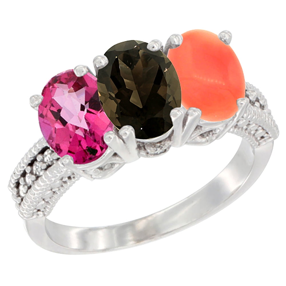10K White Gold Natural Pink Topaz, Smoky Topaz & Coral Ring 3-Stone Oval 7x5 mm Diamond Accent, sizes 5 10 by WorldJewels
