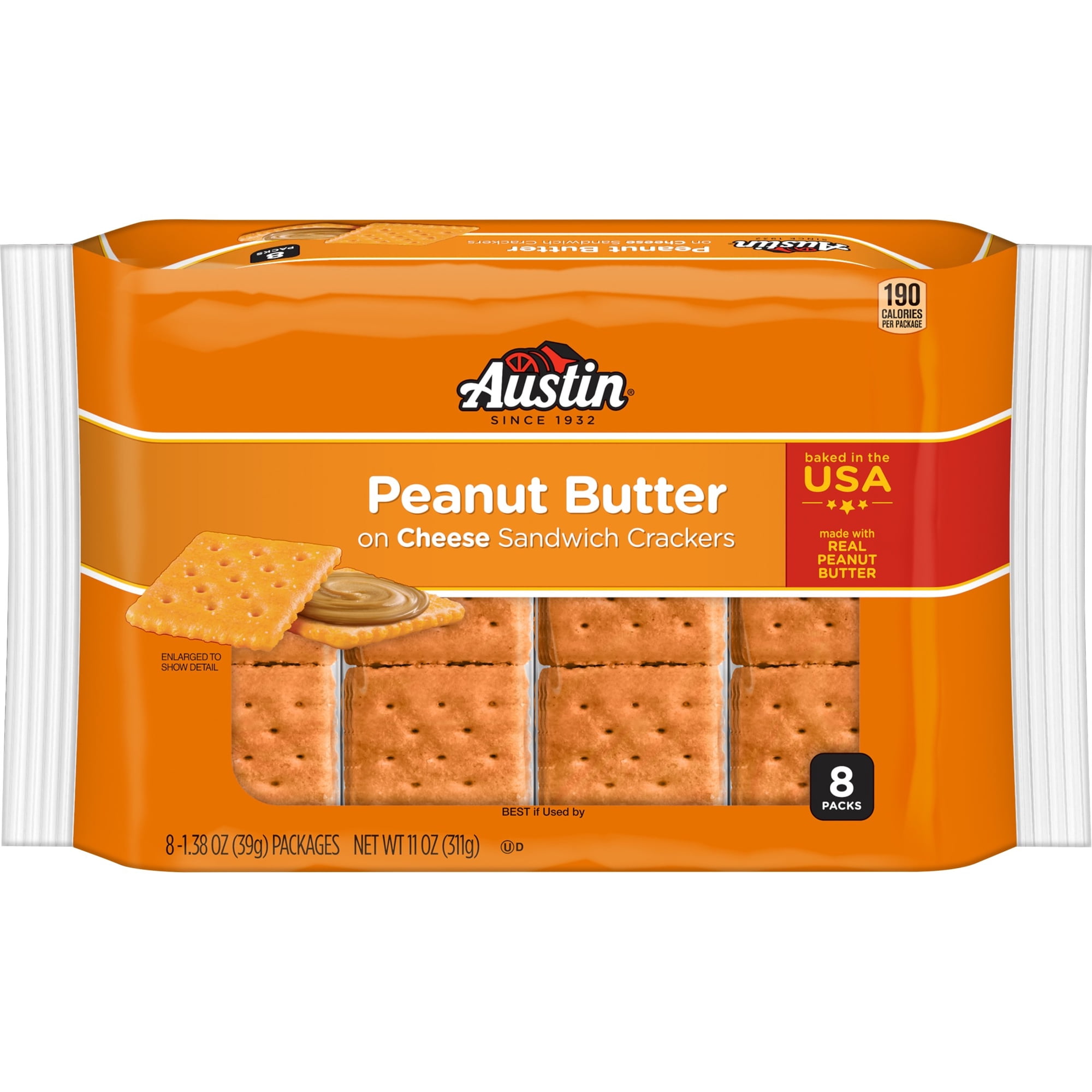 Austin Peanut Butter on Cheese Sandwich Crackers, Single Serve Snack Crackers, 8 Count