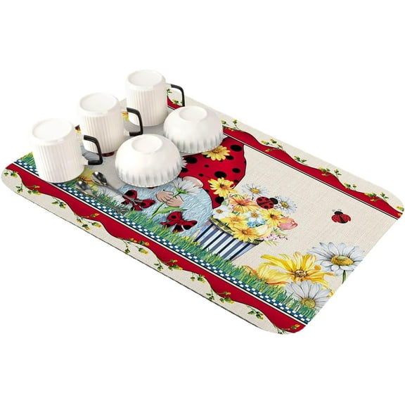 Spring Ladybug Gnomes Dish Drying Mat for Kitchen Counter, Super Absorbent Quick Dry Coffee Bar Mat Pad Thin Diatomaceous Sink Mat Non Slip Dish Drainer Mat 16''''x18'''' Rustic Summer Daisy Flowers