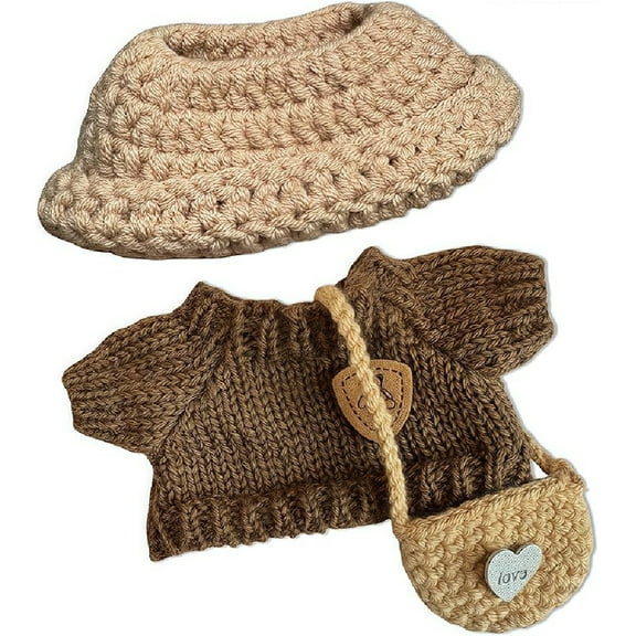 3-Piece Handcrafted Crochet Doll Clothes - Compatible with 5.91-6.7inch (15-17cm) Dolls as Accessories Only, Premium Dolls Outfit with Accessories, Hand Crocheted Hat, Sweaters, Bag (Maillard Brown)