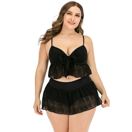 Besolor Womens Plus Size Tankini Swimsuits Lace Tie Front Two Piece Bathing Suits Summer Beach Wear Swimwear