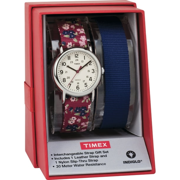 Women's Weekender 31 Watch Gift Set, Red Floral & Blue Nylon Slip-Thru  Straps