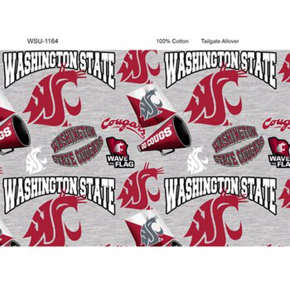 Washington State Cotton Fabric on Heather Grey ground with Mascots