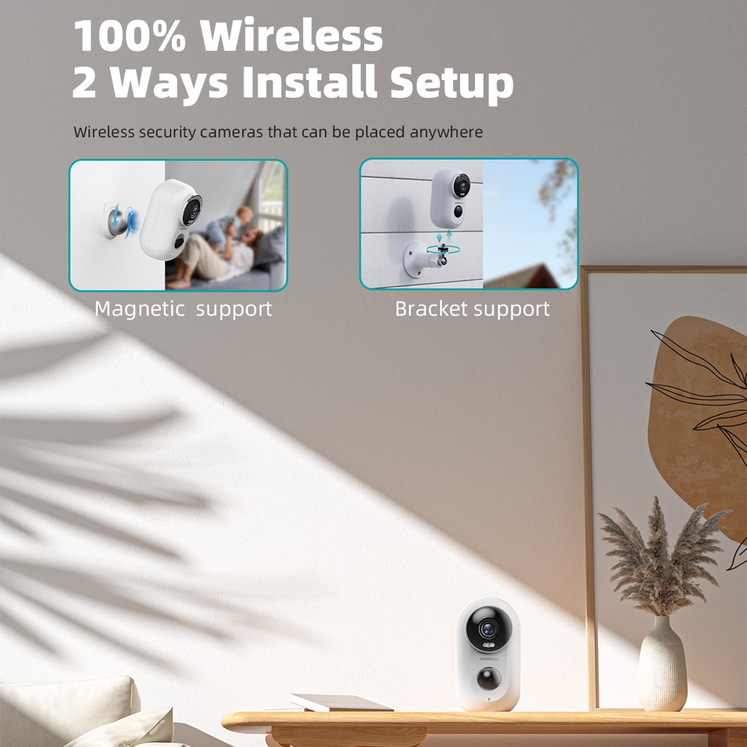 ZUMIMALL Wireless Solar & Battery Powered Security Camera, 2K Color Night Vision, 2.4GHz WiFi for Home Surveillance