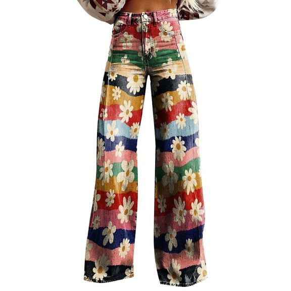 High Waisted Women's Jeans Wide Leg Pants Woman High Waist Floral Patterned Pants Lightweight Loose Fit Casual Colorful Trouser Imitation Jeans, Women's Jeans XXL