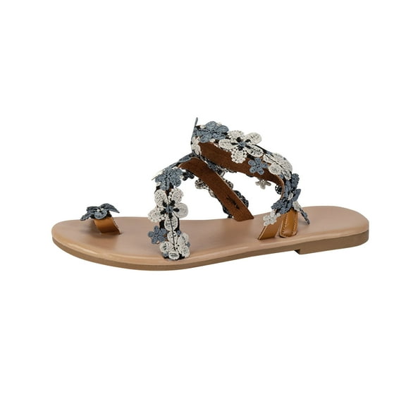Nrmvnmi Women's Sandals Comfortable Dressy Summer Floral Open Toe with Clip Toe Plus Size Ethnic Beach Flat Sandals Blue Mothers Day Gifts