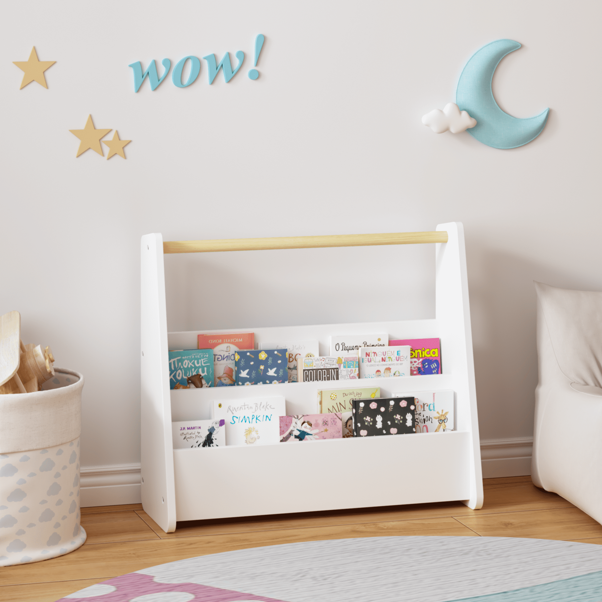 Kids Bookshelf with Wooden Handle, 2-Tier Front-Facing Toddler Bookcase, Portable Children's Book Storage Organizer for Bedroom, Playroom, Nursery, or Classroom, White