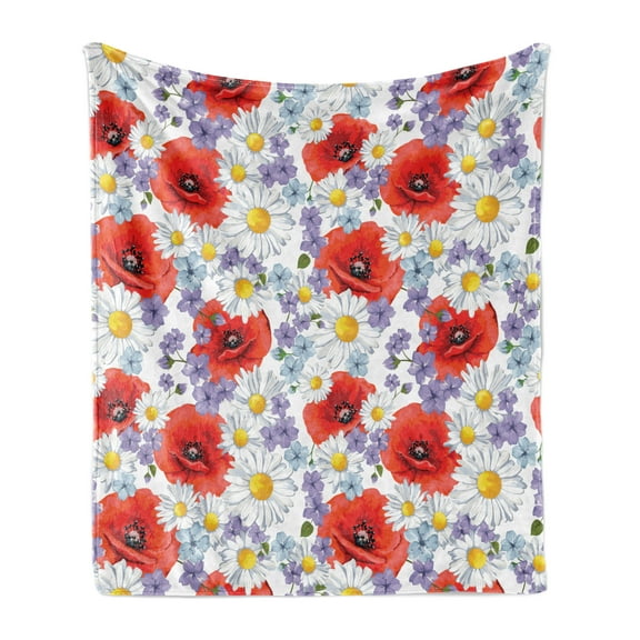 Flower Soft Flannel Fleece Throw Blanket, Purple Flowers Poppy and Daisy Summer Nature Wildflowers Graphic, Cozy Plush for Indoor and Outdoor Use, 70" x 90", Lavender Scarlet, by Ambesonne