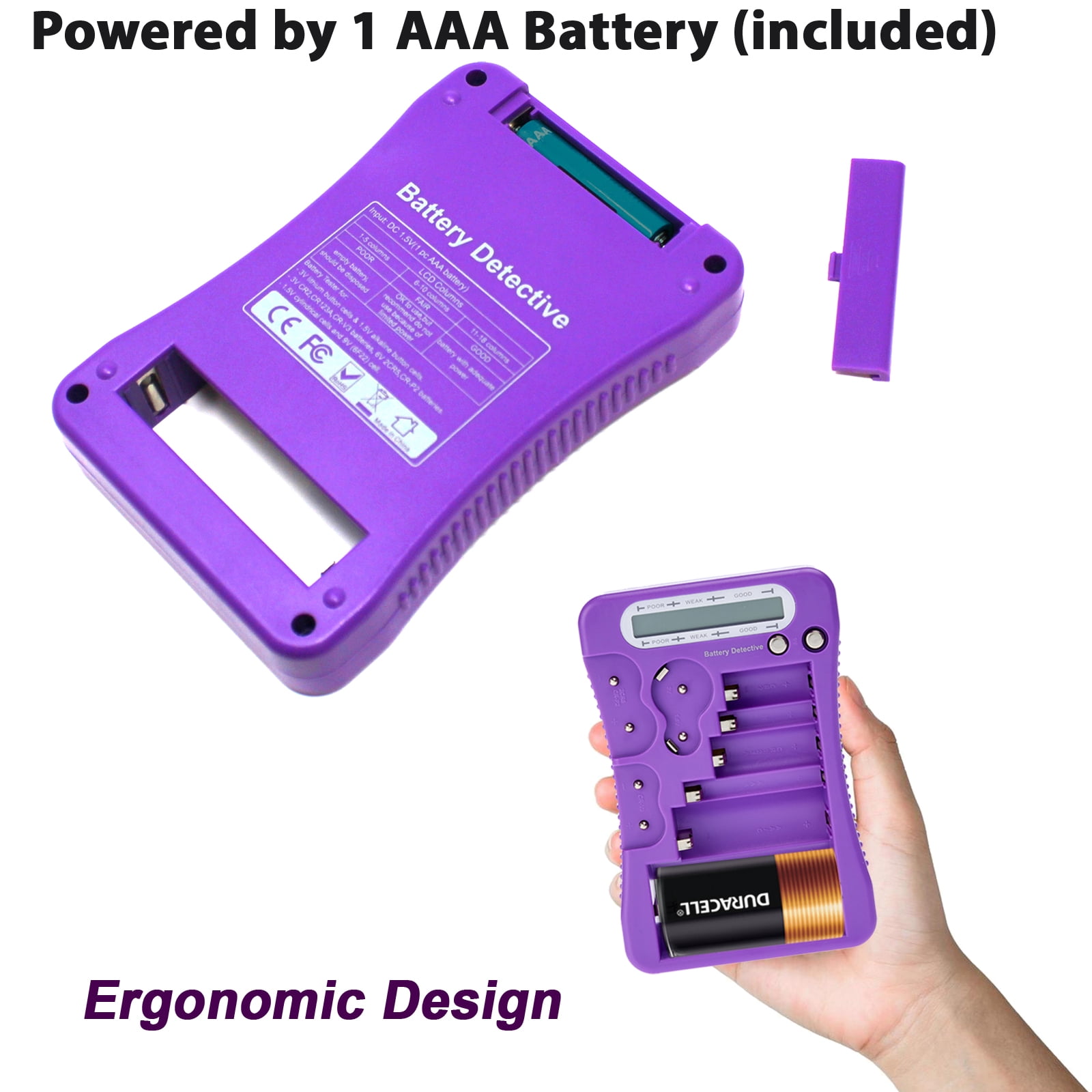 Battery Detective 12 Type Battery Tester (Purple) with LCD Display for Household Batteries AA AAA C D 9V CR2032 CR123A N/LR1 CR2 CR-V3 2CR5 CR-P2 1.5V/3V Button Cell Batteries +AAA Batteries (36-Pack)