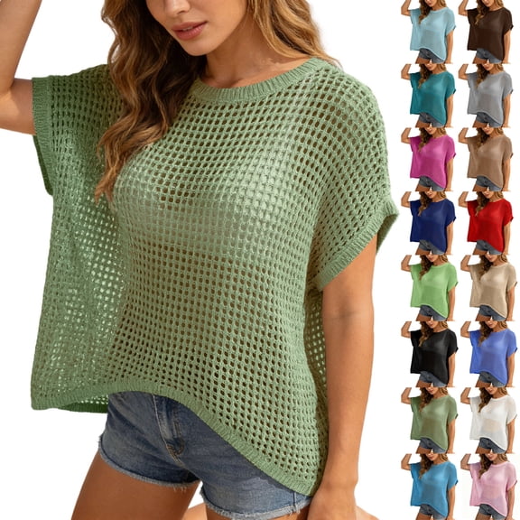 Bmisegm Womens Summer Tops Scoop Neck Short Sleeve Sweater Casual Crochet Hollow Out Knit Tops Pullover Shirts Beach Coverup Green#3 L